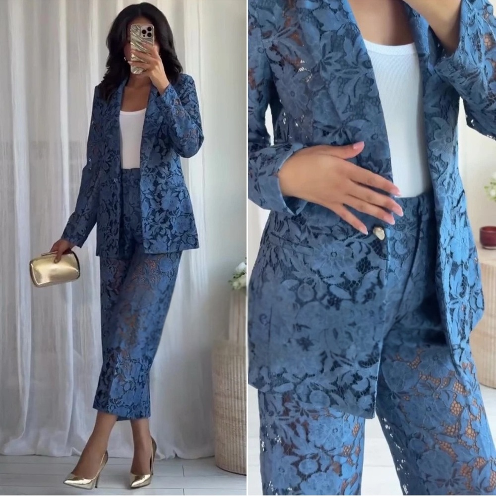 ZARA WOMAN NWT SS25 BLUE BLAZER & CROPPED LACE PANTS